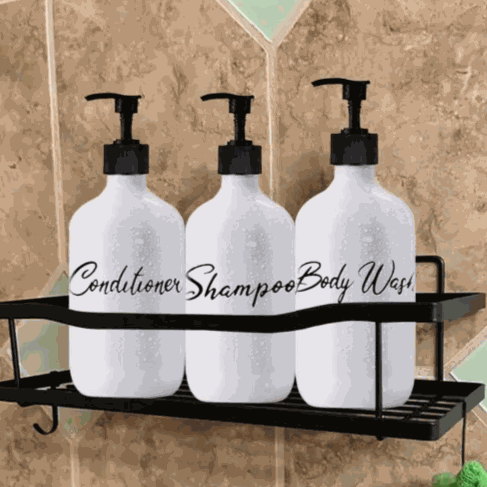 Set 3 recipiente tip dispenser, pentru șampon, balsam și gel de duș - 500 ml
