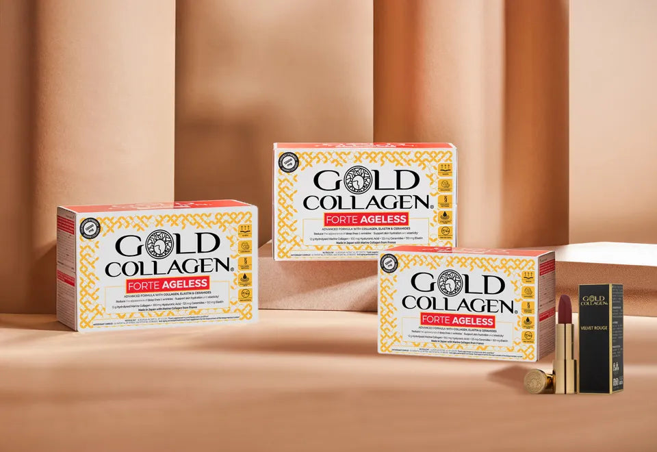 Bundle Box Summer Glow - 10 flacoane x 50ml Gold Collagen Forte Ageless + 1 x Gold Collagen Velvet Rouge Lipstick