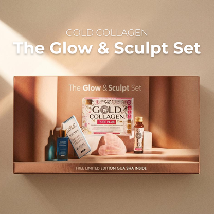 Glow & Sculpt Bundle Box - 10 flacoane x Gold Collagen Pure Plus 30 + 1 x Gold Collagen Hydra Essence Serum + 1x Gua Sha