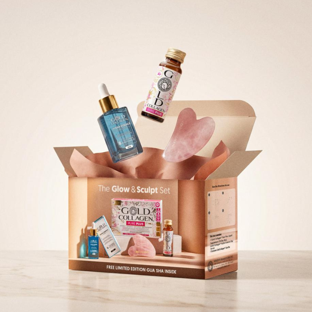 Glow & Sculpt Bundle Box - 10 flacoane x Gold Collagen Pure Plus 30 + 1 x Gold Collagen Hydra Essence Serum + 1x Gua Sha