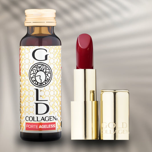 Bundle Box Summer Glow - 10 flacoane x 50ml Gold Collagen Forte Ageless + 1 x Gold Collagen Velvet Rouge Lipstick